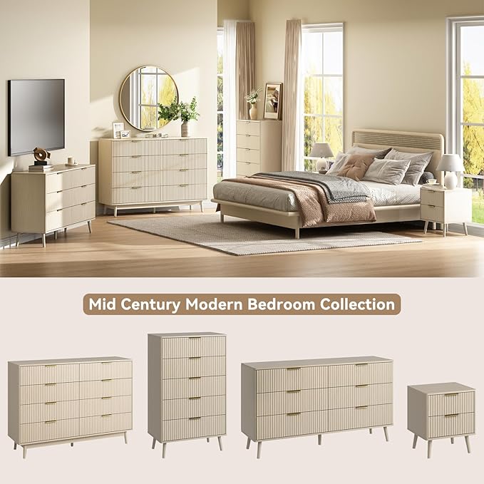 CARPETNAL Fluted 6 Drawer Dresser for Bedroom, 55" Wide Wooden Chest of Drawers with Rounded Corners, Gold Handles, Modern Storage Organizer for Bedroom, Hallway(Beige)