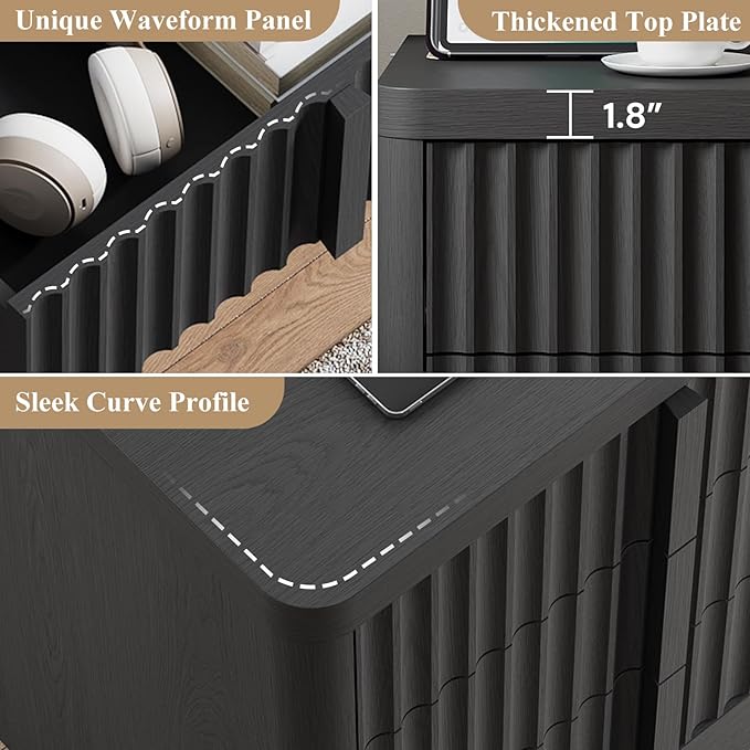 Fluted Dresser for Bedroom, 47" Wide 6 Drawer Dresser, Modern Chest of Drawers with Solid Wood Handle, Curved Profile Design, Wood Dressers Storage Organizer, Living Room, Hallway, Black