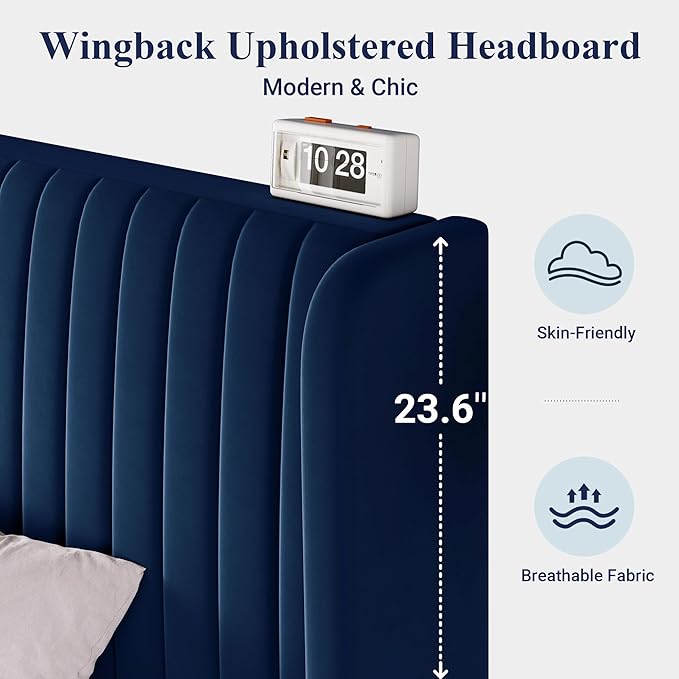 Allewie King Size Velvet Bed Frame/Vertical Channel Tufted Wingback Headboard/Upholstered Platform Bed/Strong Wooden Slats/No Box Spring Needed/Easy Assembly/Blue