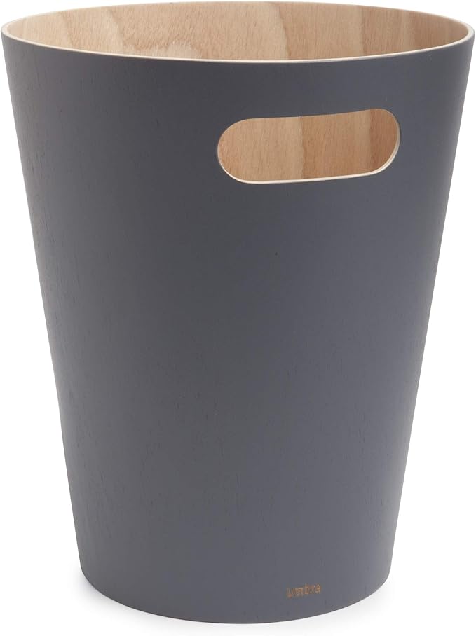 Umbra Woodrow 2-Gallon Modern Wooden Trash Can Wastebasket, Attractive Bin for Garbage or Recycling, Suitable for Home or Office, Dark Grey/Natural