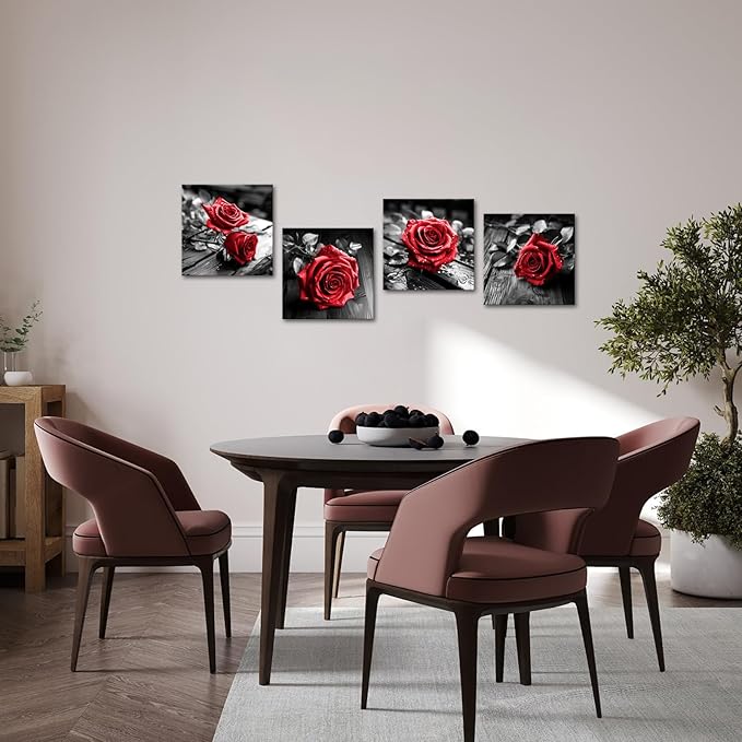 VANSEEING 4 Pieces Red and Black Rose Flower Canvas Wall Art Floral Pictures Prints Modern Romantic Artwork Wall Decor for Valentine's Day Living Room Bedroom 12x12inchx4Pcs