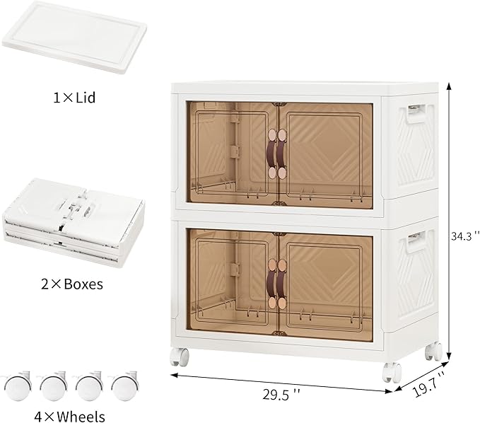 Storage Bins with Lids and Wheels, 330QT-165QT*2Tier Collapsible Bathroom Storage Cabinet with Clear Doors, Plastic Stackable Closet Organizers and Containers White