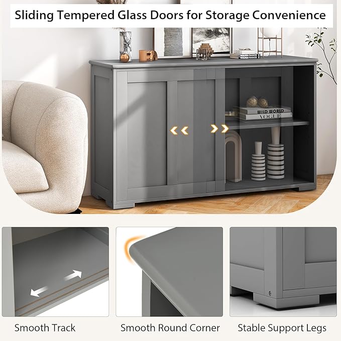Costzon Sideboard Buffet Cabinet of 2, Wooden Kitchen Storage Cabinet with Adjustable Shelf, Sliding Barn Door, Accent Coffee Bar Cabinet Console Table for Living Room, Dining Room, Hallway (Grey)