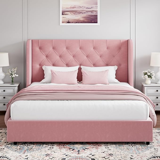 HOMBCK Pink Queen Bed Frame, Upholstered Platform Bed Frame with Velvet Tufted Headboard, Curved Wingback Design, Wooden Slats, No Box Spring, Noise Free, Easy Assembly