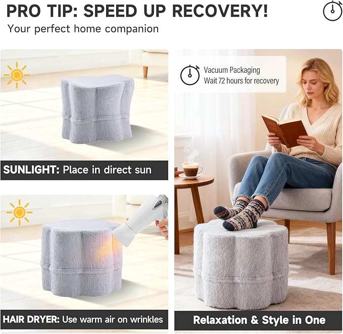Tiita Floral Pouf Ottoman, Foot Stools Ottoman with Foam Chunk Filling, Puff Foot Rest for Couch, Living Room, Kids Room, Grey
