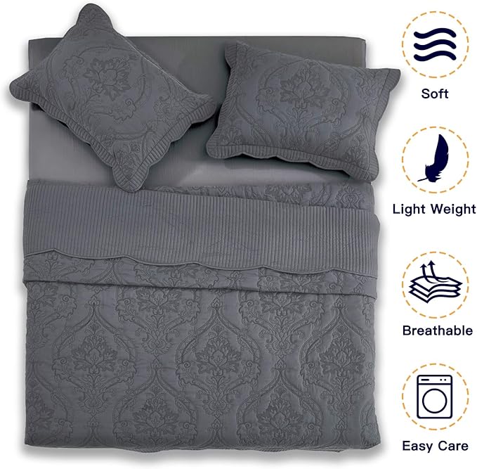 CHIXIN Bedspread Coverlet Quilt Set Full Size - Lightweight Bedding Cover - Beautiful Stitching - 5 Piece Reversible Bedspread - Gorgeous Damask Paisley Pattern (Full, Dark Grey)