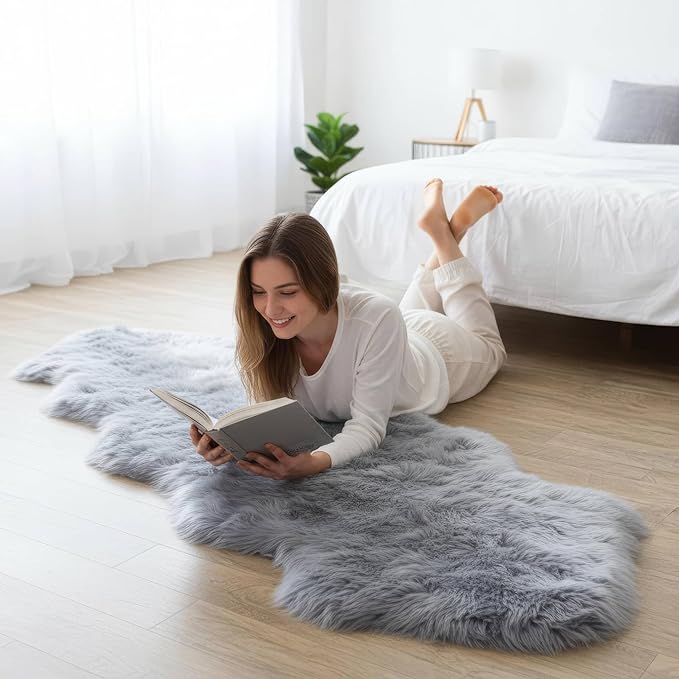 Super Area Rugs Premium Silver Gray Sheepskin Rug Genuine Double 2x6ft Pelt Fluffy Fur Rug for Bedrooms