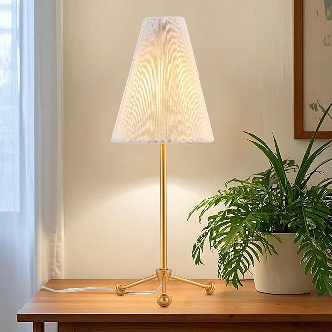 Small Minimalist Table Lamp for Bedroom, Cute Desk Lamp with Linen Rope Cone Lampshade, Boho Nightstand Lamp for Living Room, 1 Pack