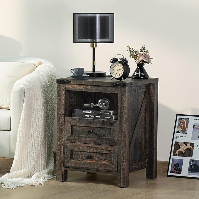 Joaxswe Nightstands Set of 2 with Charging Station, Farmhouse Night Stand with 2 Drawers and Shelf Storage, Wooden Side End Table, Bedside Cabinet for Bedroom, Living Room, Closet,Office (Dark Drey)