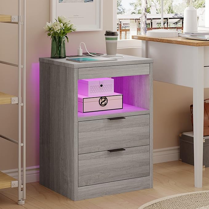 Tiptiper LED Nightstand with Wireless Charging Station, Farmhouse Nightstand with LED Light, Rustic End Table Side Table with Drawers, Pull-Out Tray and Open Storage, Grey Wood Grain