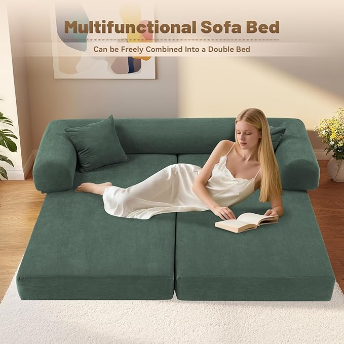 Convertible Futon Sofa Bed,80" Folding Pull Out Couch Bed with Storage,Queen Sleeper Sofa Bed,Compressed Couch in a Box,Corduroy Boneless Couches for Living Room,Light Green