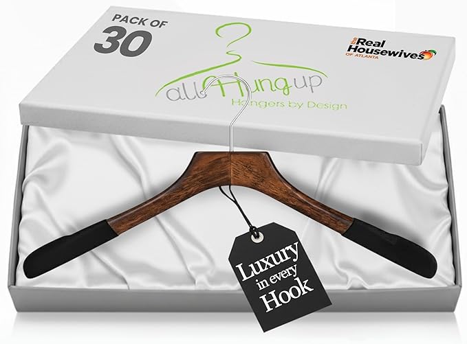 Premium Luxe Wooden Hangers for Women, Wide Shoulder Design for Dresses, Skirts, Sweaters & Blouses, Heavy Duty with Velvet Grip, Mahogany with Black Velvet, 30 pcs