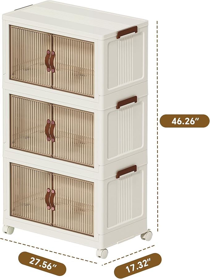 130 QT Large Plastic Storage Bins with Lids Open Front, Stackable Storage Containers with Wheels for Clothes, Home, Room, White, 3 Tiers