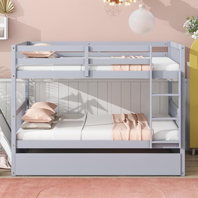 Bellemave Full Over Full Bunk Bed with Trundle,Convertible Bunk Beds with Ladder & Safety Guardrails,Full Size Trundle Bunk Beds for Kids Girls Boys,Light Grey