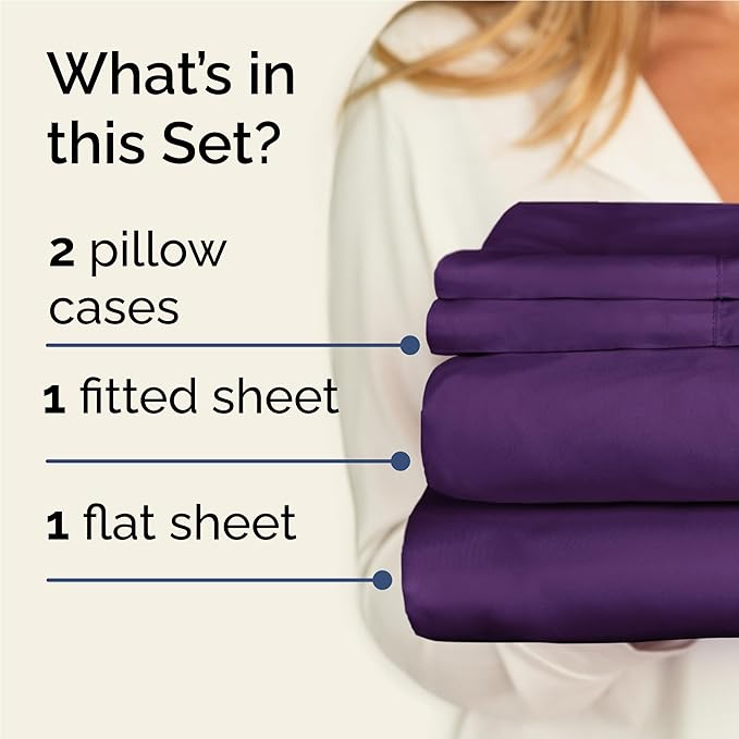 Twin XL 4 Piece Sheet Set - Cooling, Comfy & Breathable - Hotel Luxury Bedding, Includes Fitted Sheet for Women, Men, Kids & Teens - 1 Flat, 1 Fitted Sheet, 2 Pillowcases with Deep Pockets - Purple