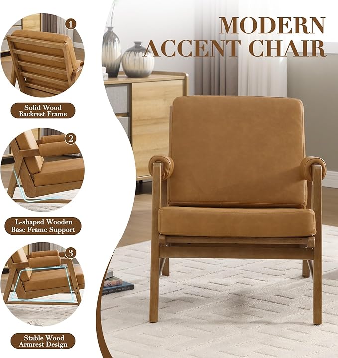 HEAH-YO Modern Accent Chair Set of 2, Upholstered PU Leather Living Room Chair with Wooden Frame, Comfy Armchair with Thick Cushion for Bedroom Balcony, Brown