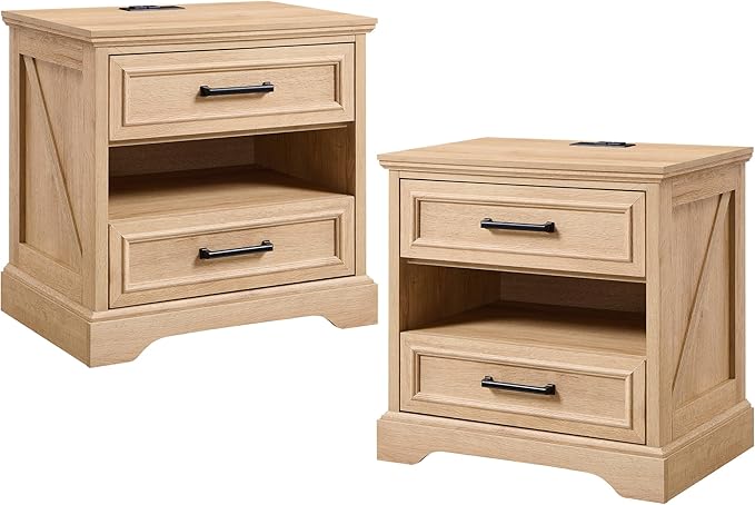 ACCOHOHO 24" Farmhouse Nightstand Set of 2 with Charging Station, 2 Drawers Large Bedside Table with Open Shelf, Rustic End Table for Bedroom - Natural Oak