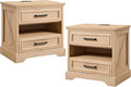 ACCOHOHO 24" Farmhouse Nightstand Set of 2 with Charging Station, 2 Drawers Large Bedside Table with Open Shelf, Rustic End Table for Bedroom - Natural Oak