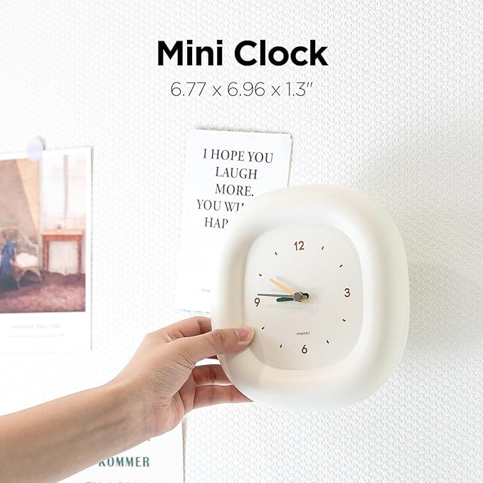 mooas Cute Mini Analog Marshmallow Clock 6.9 Inch Aesthetic Small Silent Bedside Desk Clock Battery Operated Non-Ticking Shelf Clocks for Décor Livingroom Bedroom Kitchen Desktop Gift Clock(Ivory)