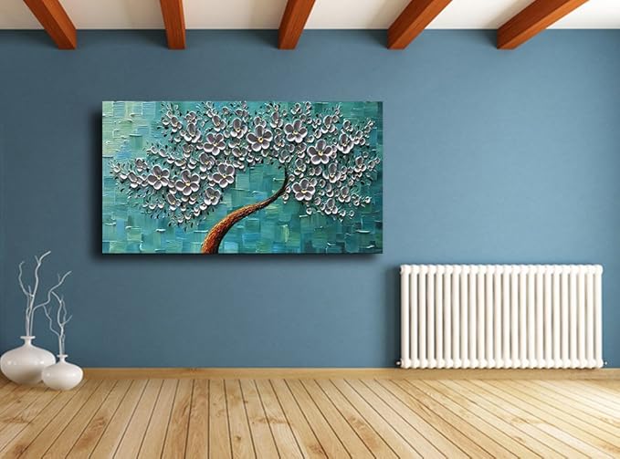 YaSheng Art- 3D Flowers Artwork Oil Painting On Canvas 100% Hand Painted Texture Silver Flowers Paintings Modern Canvas Wall Art Home Bedroom Living Room Office Wall Decor 24x48inch