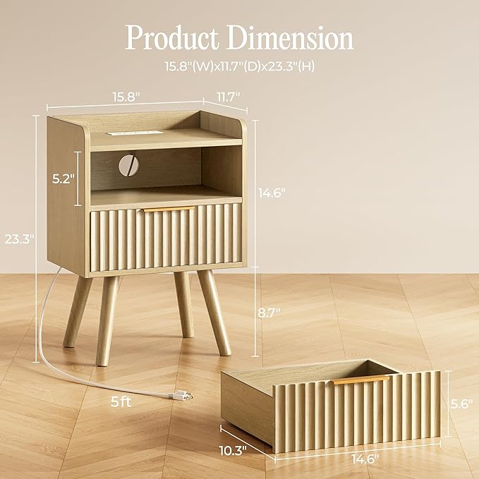 Huuger Nightstand with Charging Station, USB-C Port, Fluted Night Stand Set of 2, Bed Side Table with Drawer, Solid Wood Feet, Open Storage, End Table with Raised Edge, for Bedroom, Natural