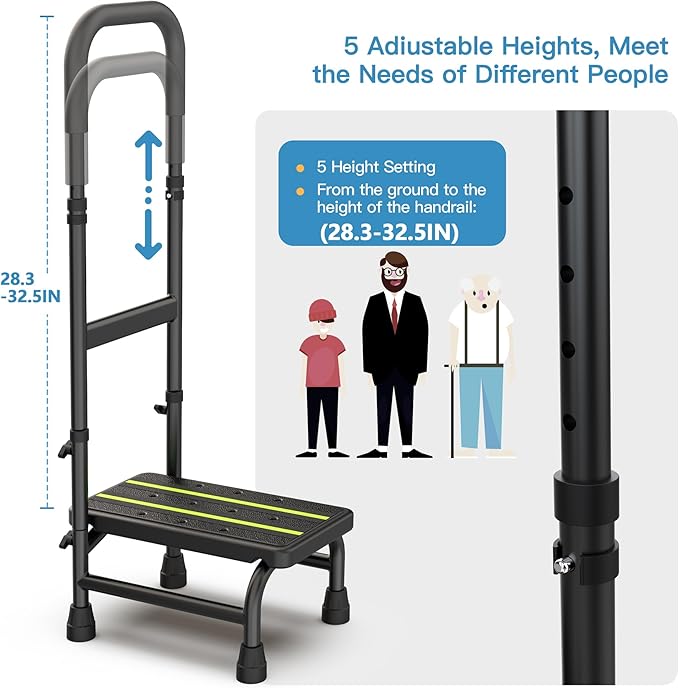 Packve Step Stool with Handle for Elderly, Non Skid Platform & Adjustable Handrail, Medical Stepping Stool for High Bed Mobility & Daily Living Aids, Bedside Car Stair Lift for Senior Adults 350lbs