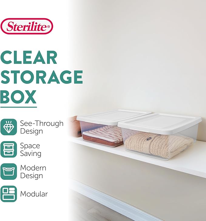 Sterilite 60 Pack Storage Box, 12 Quart Stackable Tote, Clear Plastic Container with Secure Snapping Lids for Home and Office Organization, White