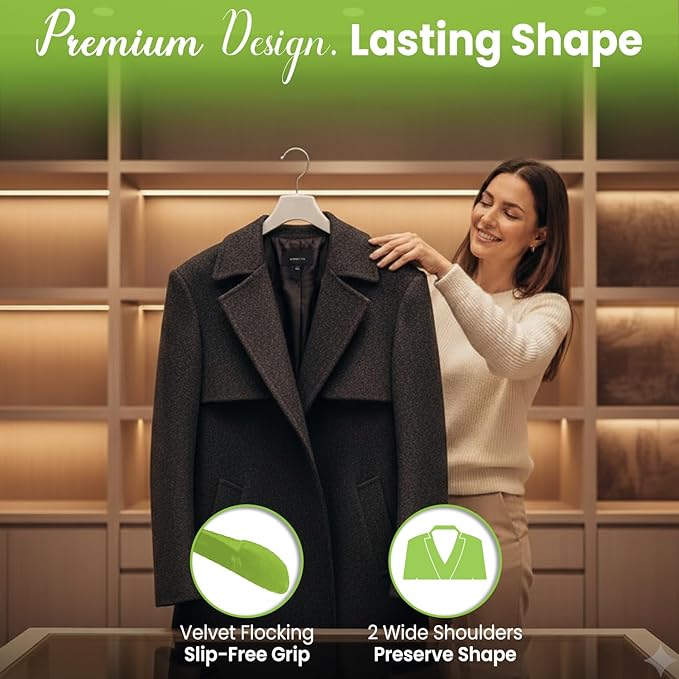 Premium Luxe Wooden Hangers for Women, Wide Shoulder Design for Dresses, Skirts, Sweaters & Blouses, Heavy Duty with Velvet Grip, White with White Velvet, 30 pcs