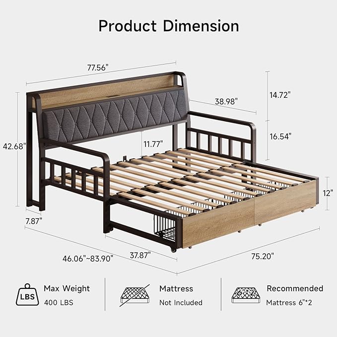 ONBRILL Twin Daybed with Trundle, Twin to King Daybed with Pop up Trundle, Metal Twin Day Bed Frame with Storage Drawers, Upholstered Headboard & Power Outlet for Living Room & Guest Room, Black
