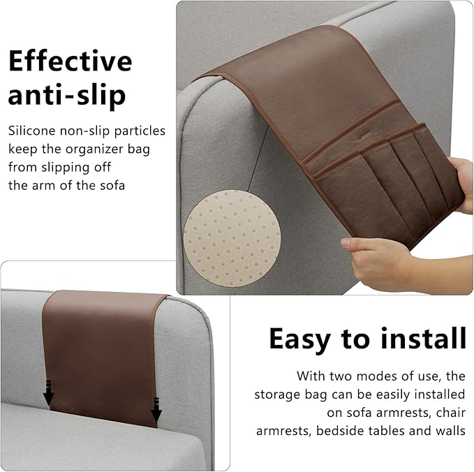WETRBWEH Remote Control Holder for Armchair, Couch Caddy Organizer TV Remote Holder for Bed Storage 5 Pockets, Remote Caddy Bedside Organizer Bedside Table Organizer (Brown, 35"x12.4")