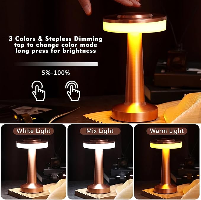VIHOSE Cordless Table Lamps LED Portable Rechargeable Table Lamp with Touch Sensor 3 Color Dimming up to 15 Hours Battery Desk Light for Restaurant Nursery Living Room(Rose Gold,8 Pcs)