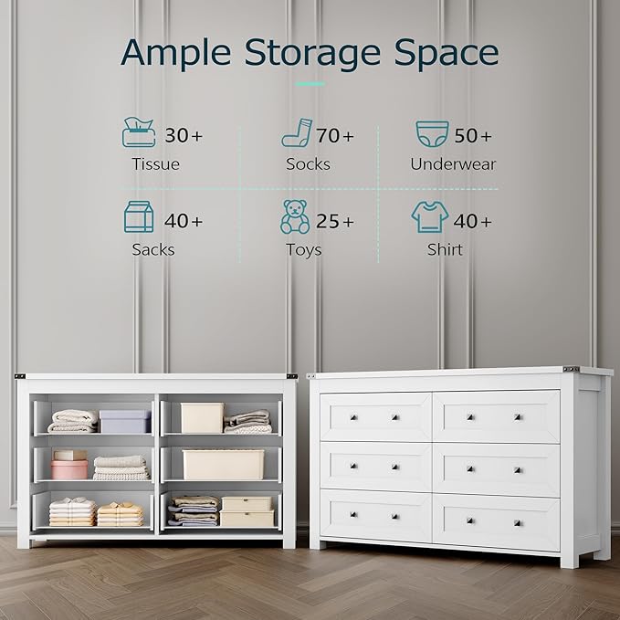Dresser for Bedroom with 6 Drawers, Farmhouse Wood Chest of Drawers, Wide TV Stand Closet Storage Furniture with Metal Handle, Modern Clothes Organizer for Hallway, Living Room, Entryway, White