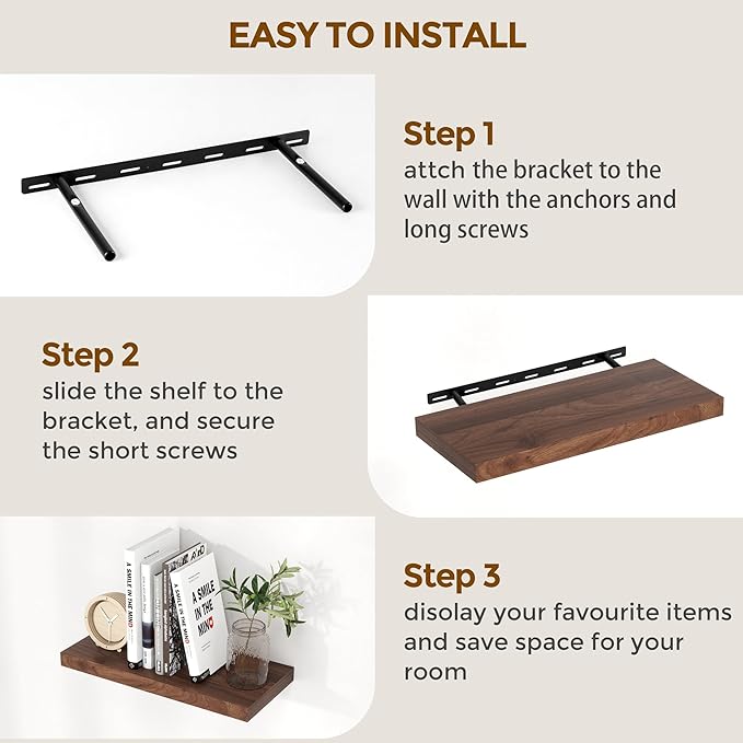 Fun Memories Farmhouse Floating Shelves for Wall, 48 x 9.3 Large Floating Shelf Wall Mounted, Rustic Wood Shelves for Bathroom, Kitchen, Living, Heavy-Duty Storage Deep Shelf for Books, Decor, Walnut