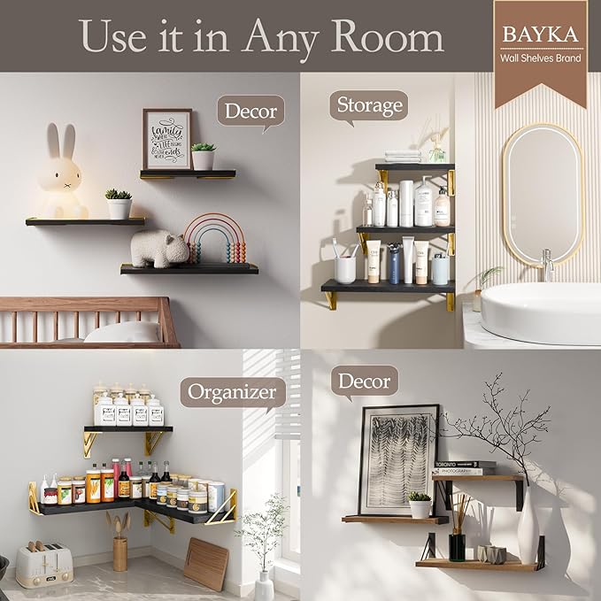 BAYKA Wall Shelves for Bedroom Decor, Floating Shelves for Living Room Kitchen Storage, Mounted Rustic Wood Floating Shelves for Kids Books, Corner Shelves for Bathroom, Office(Black Gold,Set of 3)