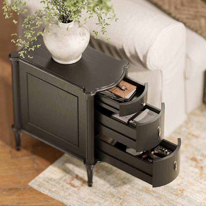STO'SENSE Nightstand w/Charging Station & 3 Drawers, Pre-Assembled, Vintage Side Table w/Antique-Finished Pulls, Rustic Wood Finish, Narrow End Table w/Turned Legs for Bedroom (2, Black)