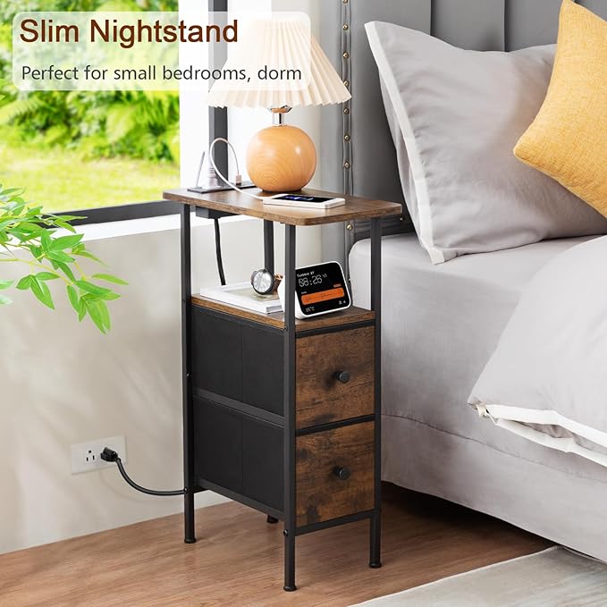 LOAKEKEL Narrow End Table Living Room with Charging Station, Skinny Side Table with Fabric Drawers, Slim Nightstand for Bedroom, Small Spaces, Couch, Brown, HETNDP02BR-1