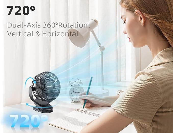 Svinkal USB Personal Clip on Fan 5000mAh Battery Operated 6in, Type C, 3 Speed, 720° adjustment, Small Portable Fan for Table, Bedroom, Desk, dormitory, Camping, Stroller, Golf Cart