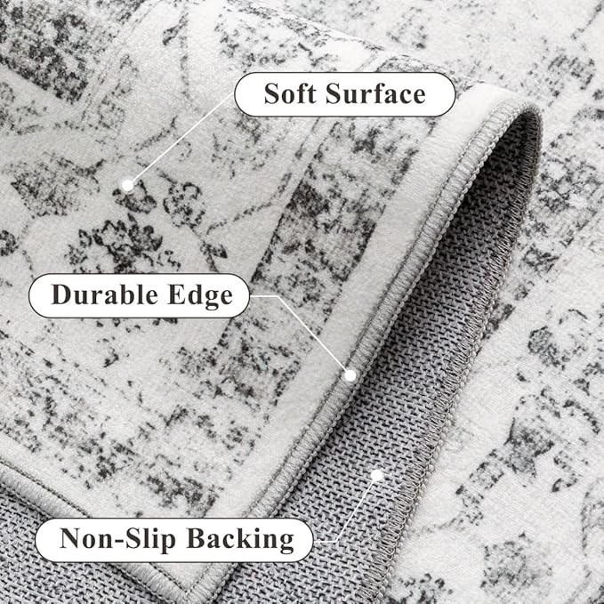 Grey 4x5 Entryway Rug Vintage Area Carpet Indoor Kitchen Washable Neutral Door Mat Entrance Small Low Pile Traditional Distressed Gray Retro Accent Throw Rug Non Slip Office Bathroom