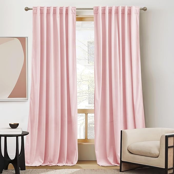 RYB HOME Baby Pink Velvet Curtains 90 inches, Back Tab Soft Fabric Room Darkening Thermal Insulated Luxurious Home Decor Curtains for Living Room Bedroom, W 52" x L 90", 2 Panels Set