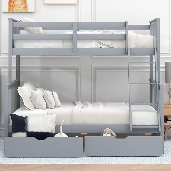Merax Wood Bunk Bed with Drawers,Convertible Wood Bunk Bed with Ladders and Two Storage Drawers,Solid Wood Detachable Bed Frame with Ladders,Twin Over Full Size,Grey