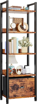 Furologee 5 Tier Bookshelf with Drawer, Tall Narrow Bookcase with Shelves, Wood and Metal Bookshelves Storage Organizer, Industrial Display Standing Shelf Unit for Bedroom, Living Room, Rustic Brown