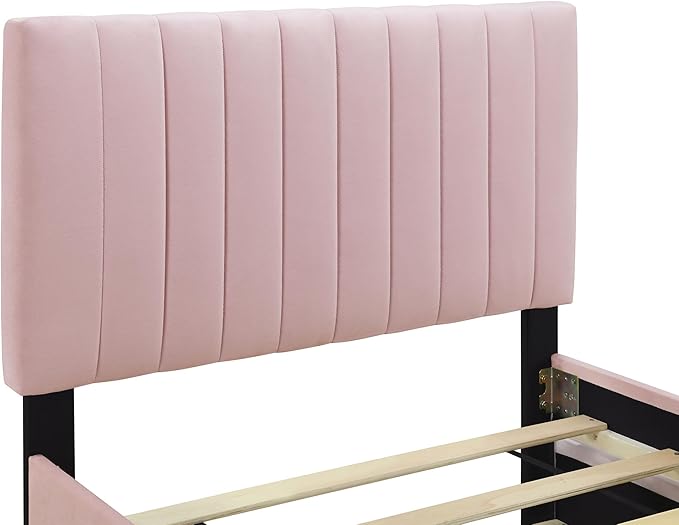 Twin Size Bed Frame with Trundle Bed,Velvet Upholstered Bed Frame,Twin Size Trundle Bed with Headboard,Upholstered Platform Bed Twin for Kids Teens Adults(Pink)