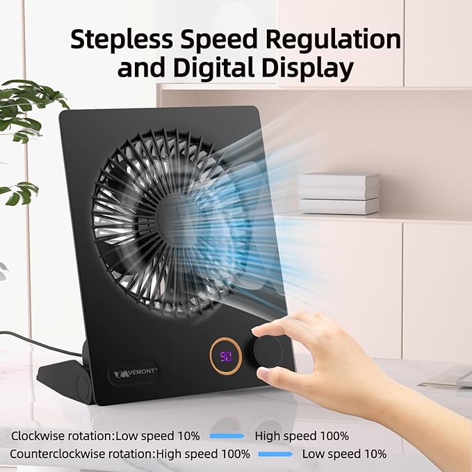 Small Desk Fan,VEMONT USB Table Fan,5000mAh Rechargeable Battery Fan,180°Tilt Folding Personal Portable Fan with Remote Control,Stepless Speed Strong Wind, Silent Hanging Fans for Home Office Desktop