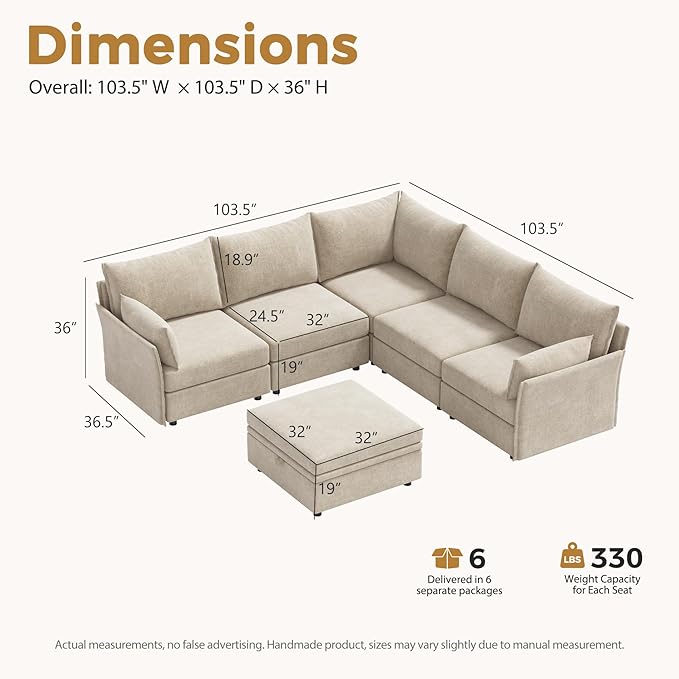 ABCASA 103.5" Oversized Modular Sectional Sofa, L Shaped Convertible Couch with Movable Ottoman, Large 6 Seat Corner Couches for Living Room Deep Seat- Beige Chenille