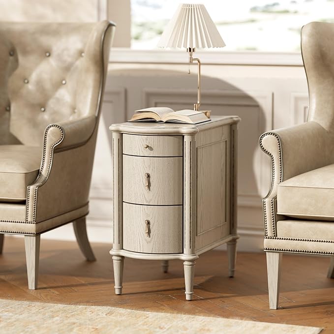 STO'SENSE Nightstand w/Charging Station & 3 Drawers, Pre-Assembled, Vintage Side Table w/Antique-Finished Pulls, Rustic Wood Finish, Narrow End Table w/Turned Legs for Bedroom (1, Antique Grey)
