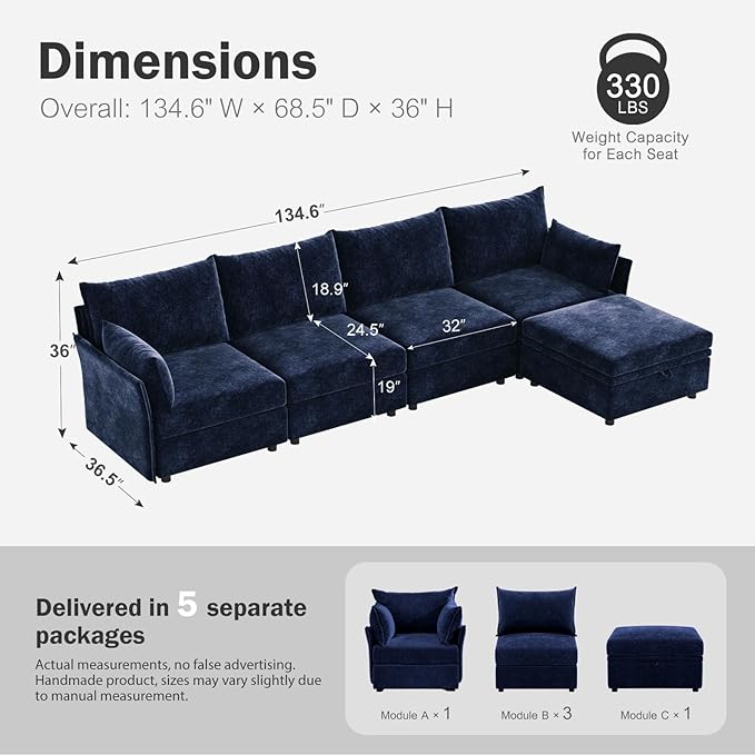 ABCASA 134.6" Luxury Modular Sectional Convertible Sofa with Storage Ottoman, L-Shape 5-Seat Oversized Comfy Couch Deep Seat with Reversible Chaise - Chenille Blue
