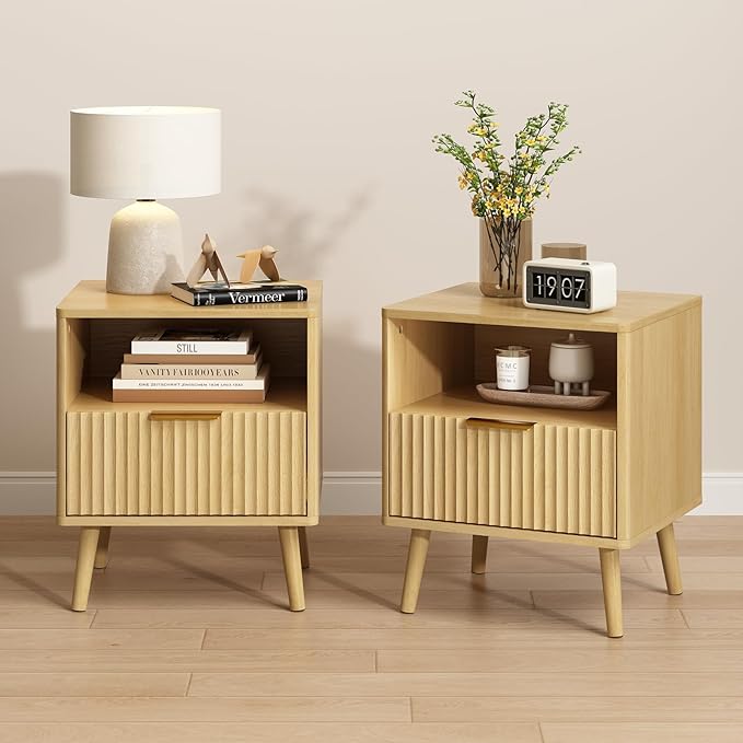 CARPETNAL Fluted Nightstand, Oak Bedside Table with Drawer and Storage Shelf, Wood End Table Mid Century Night Stands for Bedroom Living Room