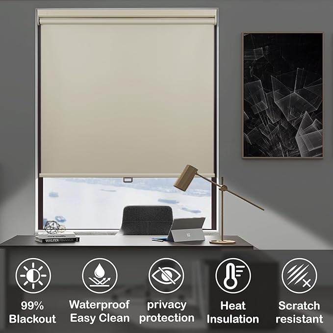 HESTIA No Drill Cordless Blackout Roller Shades Screwless Waterproof Shower Window Blinds, Auto-Retraction Easy Install Blind for Bathroom/Kitchen/Office/Exterior, Cream, 47.5" W x 72" H