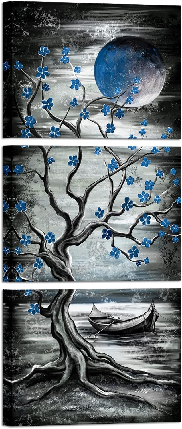 KREATIVE ARTS 3 Piece Full Moon Tree Canvas Wall Art Modern Abstract Black and White Tree Landscape Painting Prints for Bedroom Bathroom Decor Gallery Wrapped Artwork Ready to Hang (Blue)