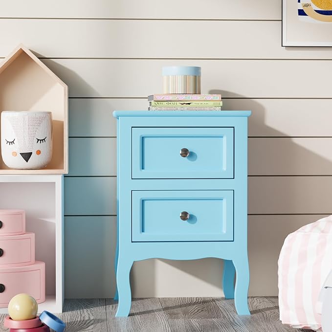 Bonnlo Nightstand Set of 2, Nightstands with 2 Drawers, Blue Nightstand, Bed Side Table/Night Stand, Small Nightstands for Bedroom, Small Spaces, College Dorm, Kids’ Room,Living Room, Wood,16W*12D*24H